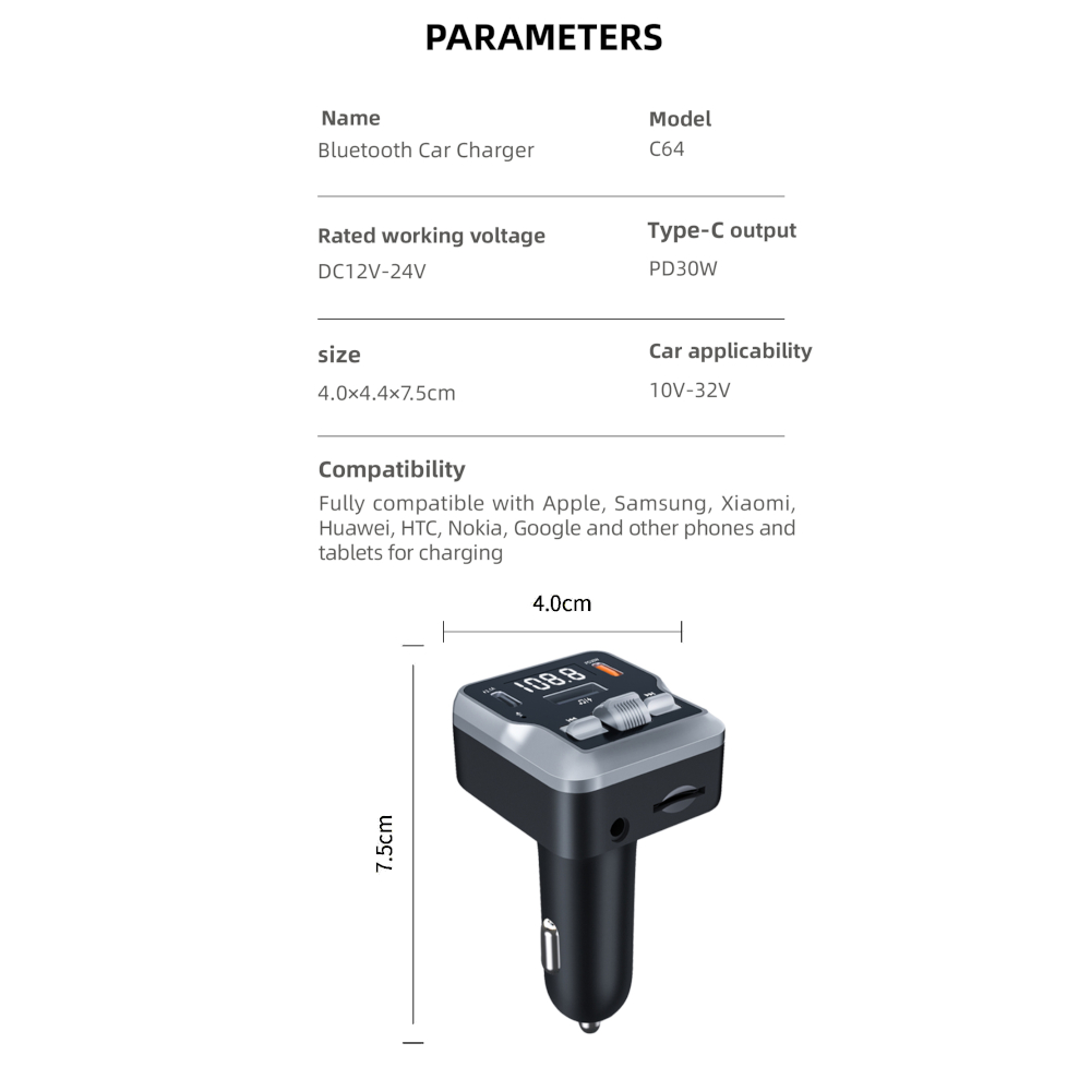 FM Трансмитер Bluetooth C64+ PD30W