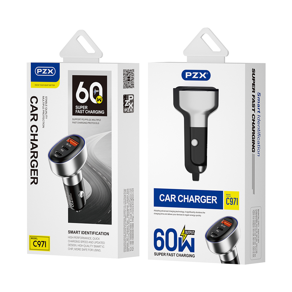 12V-24V Зарядно USB PZX C971 2 x Type-C + USB 60W