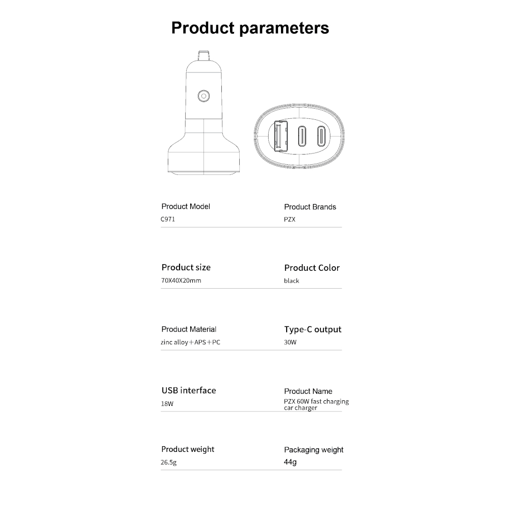 12V-24V Зарядно USB PZX C971 2 x Type-C + USB 60W