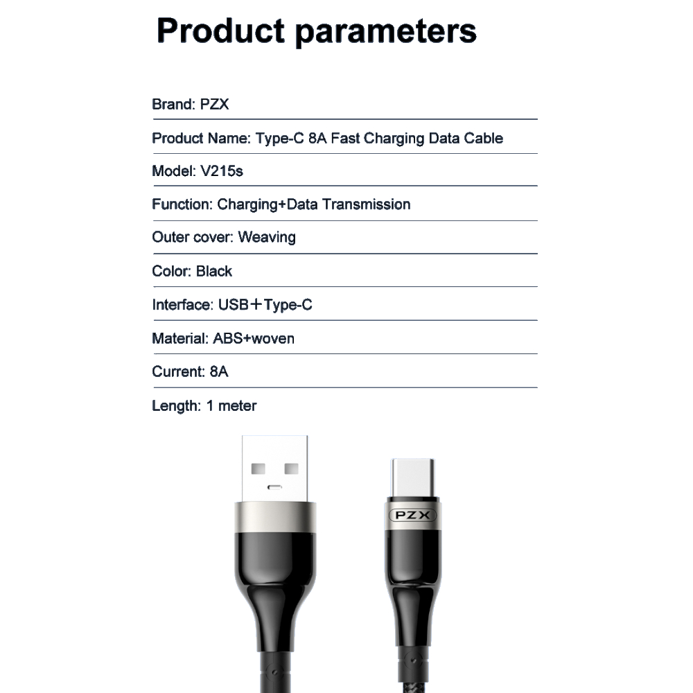 Кабел PZX USB - Type C V215S 1m 8A