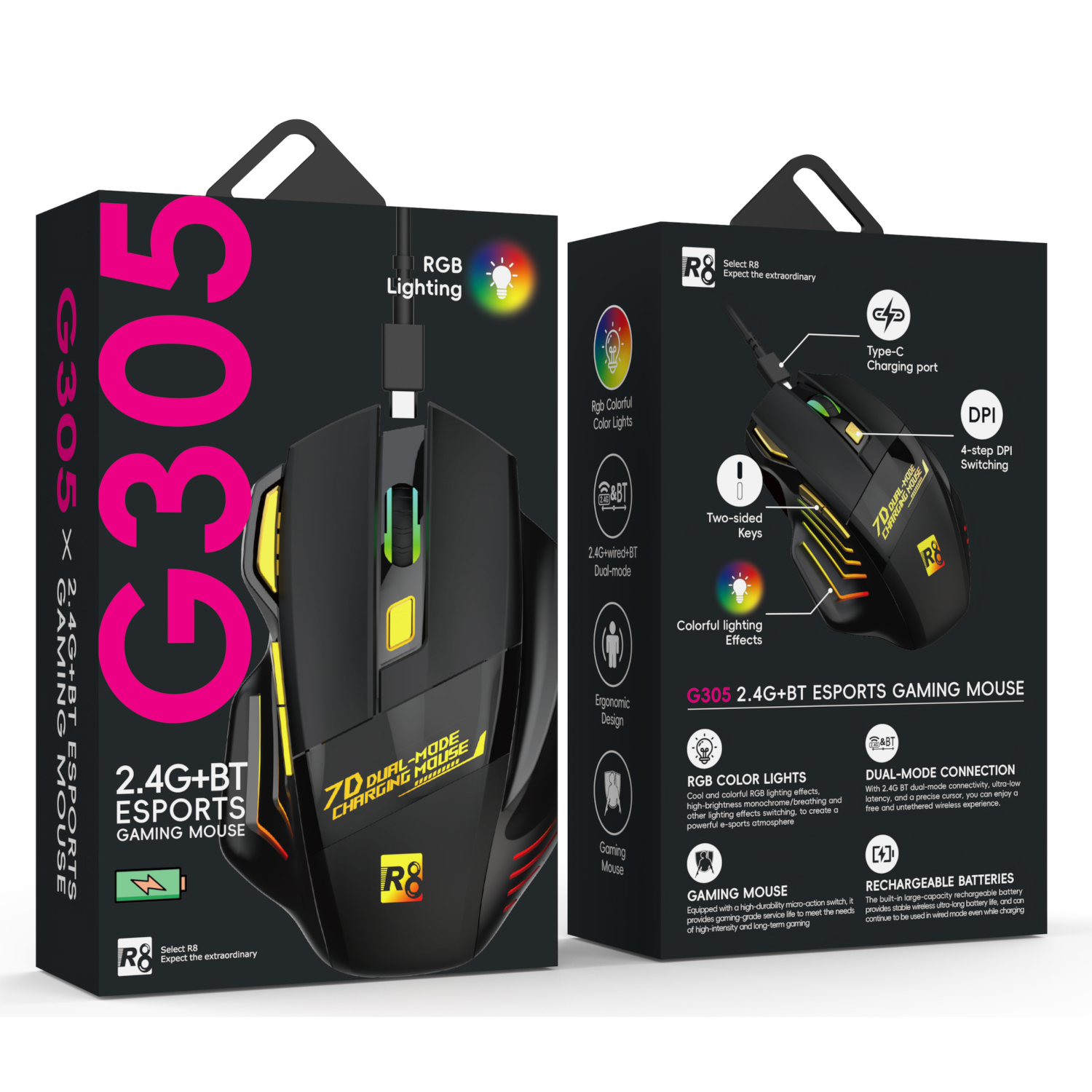 Безжична оптична мишка R8 G305 USB 7D Gaming RGB - презареждаема