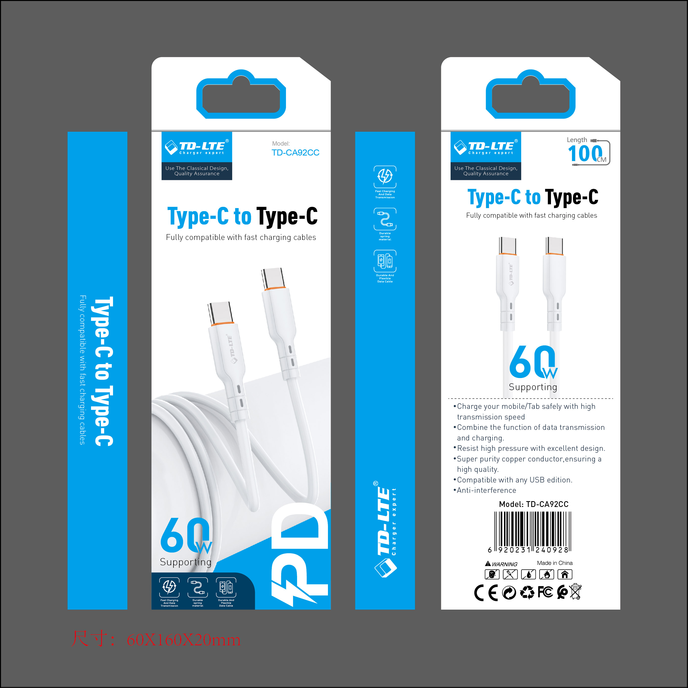 Кабел TD-LTE CA-92 type C - typeC 60W