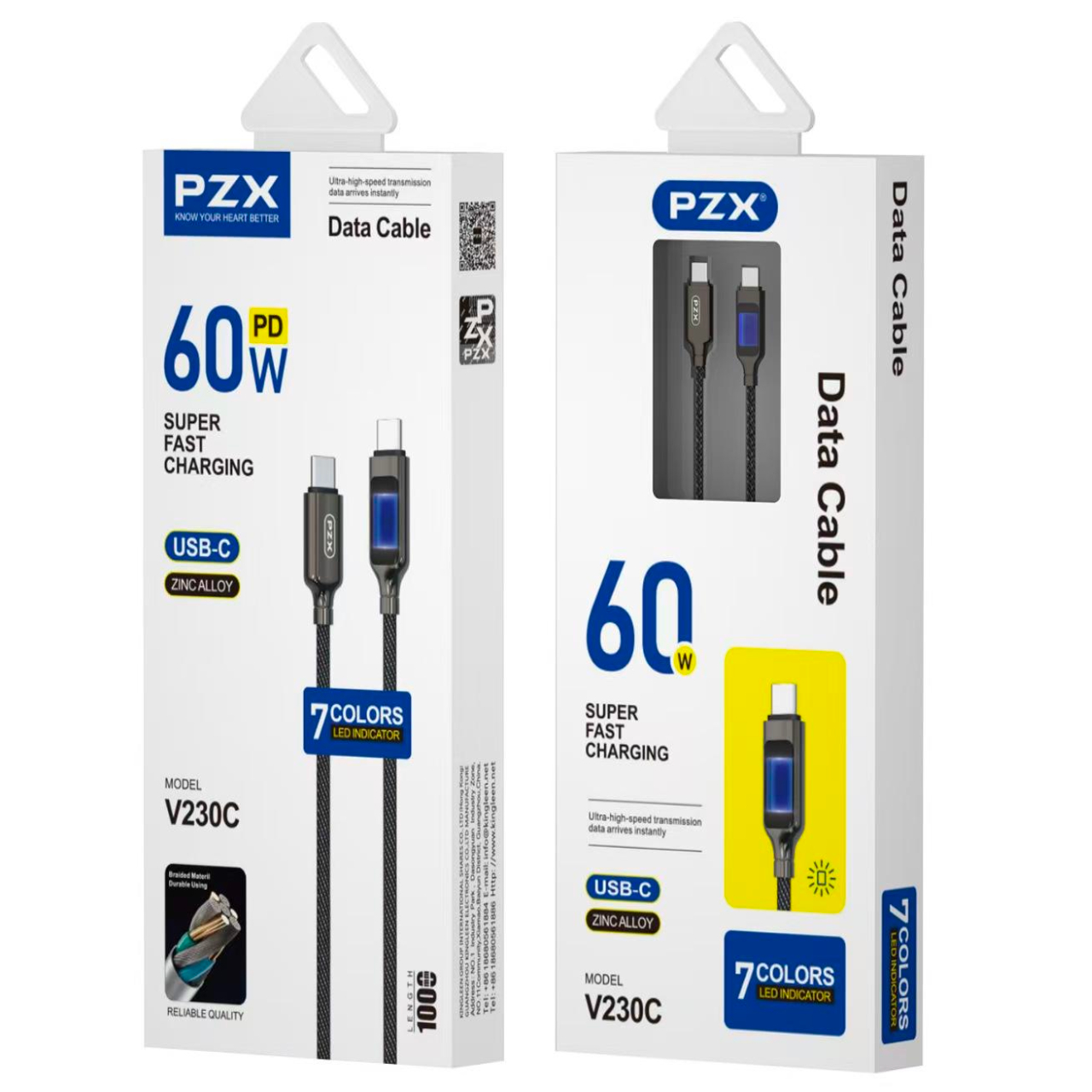Кабел Type C - Type C PZX V230C 2m 60W, с оплетка 7Led