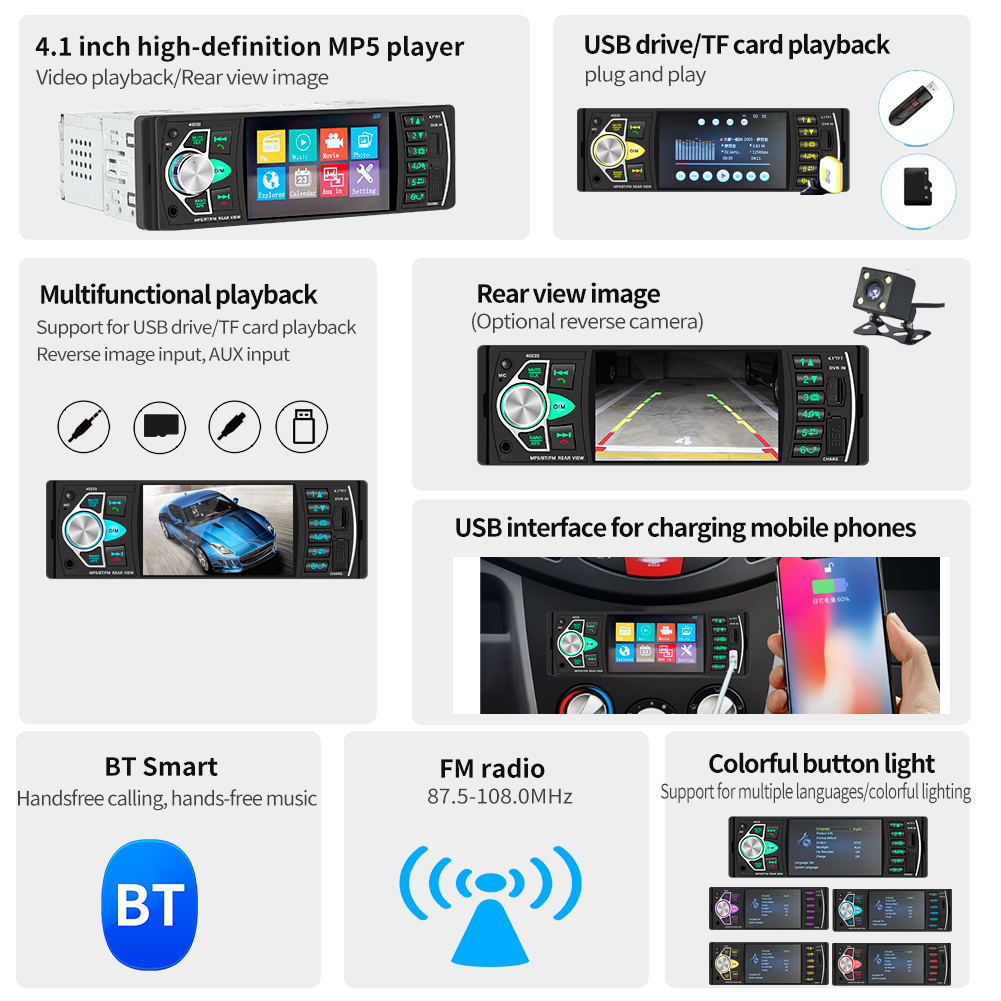 Радио MP5 плеър за кола 4202 4.1инчов дисплей, Bluetooth, RDS, USB, SD, AUX, FM радио, дистанционно